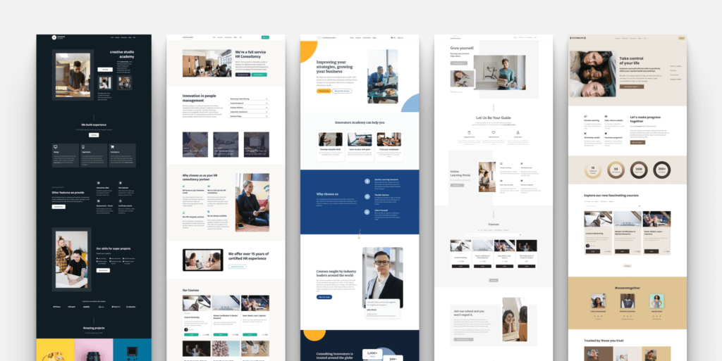Row of multiple website template page previews shown as tall thumbnail columns.
