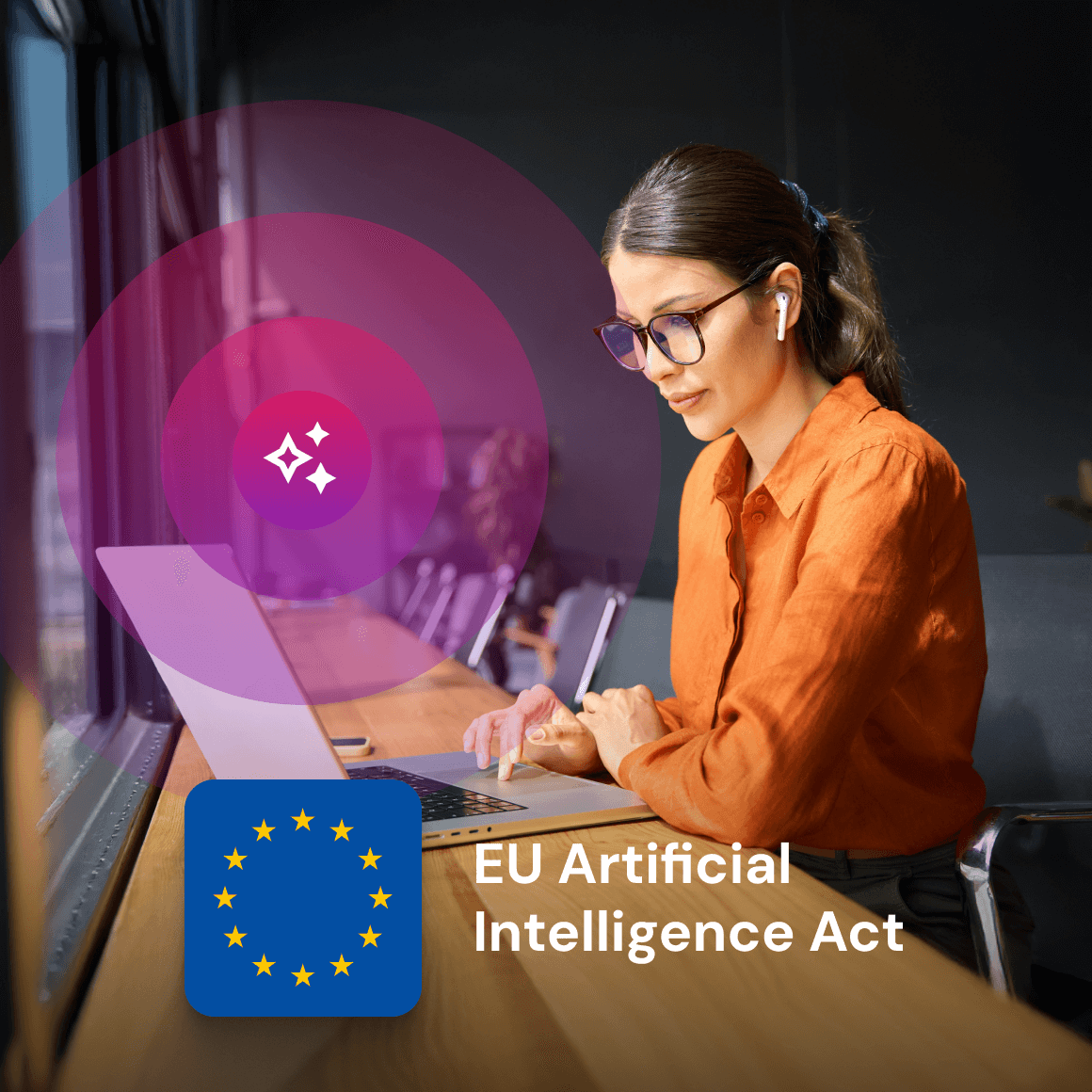 Woman working on a laptop with an AI sparkle overlay and an ‘EU Artificial Intelligence Act’ badge, illustrating AI-powered compliance course creation.