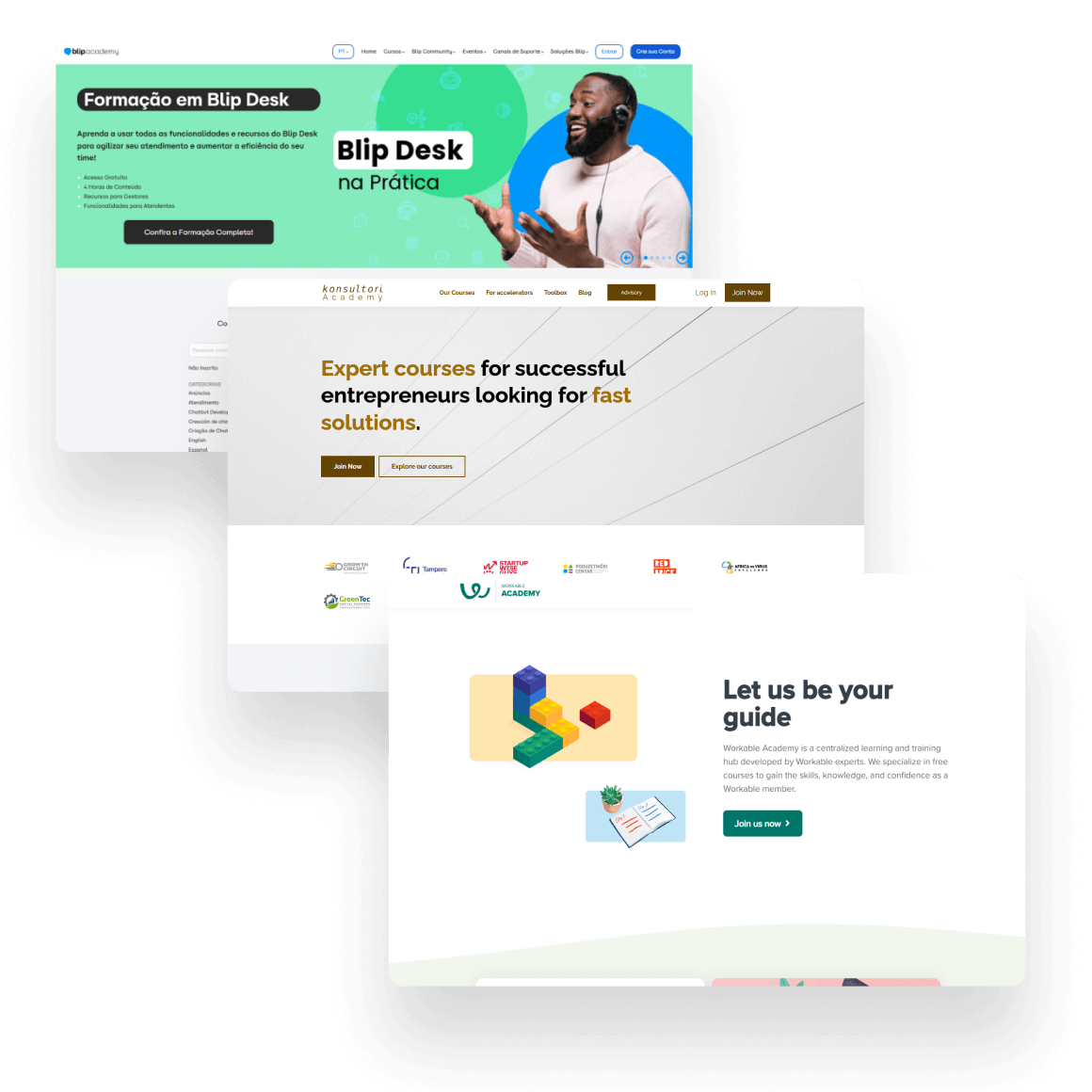A collection of 3 landing pages' above the fold section showing the online academies of LearnWorlds customers.