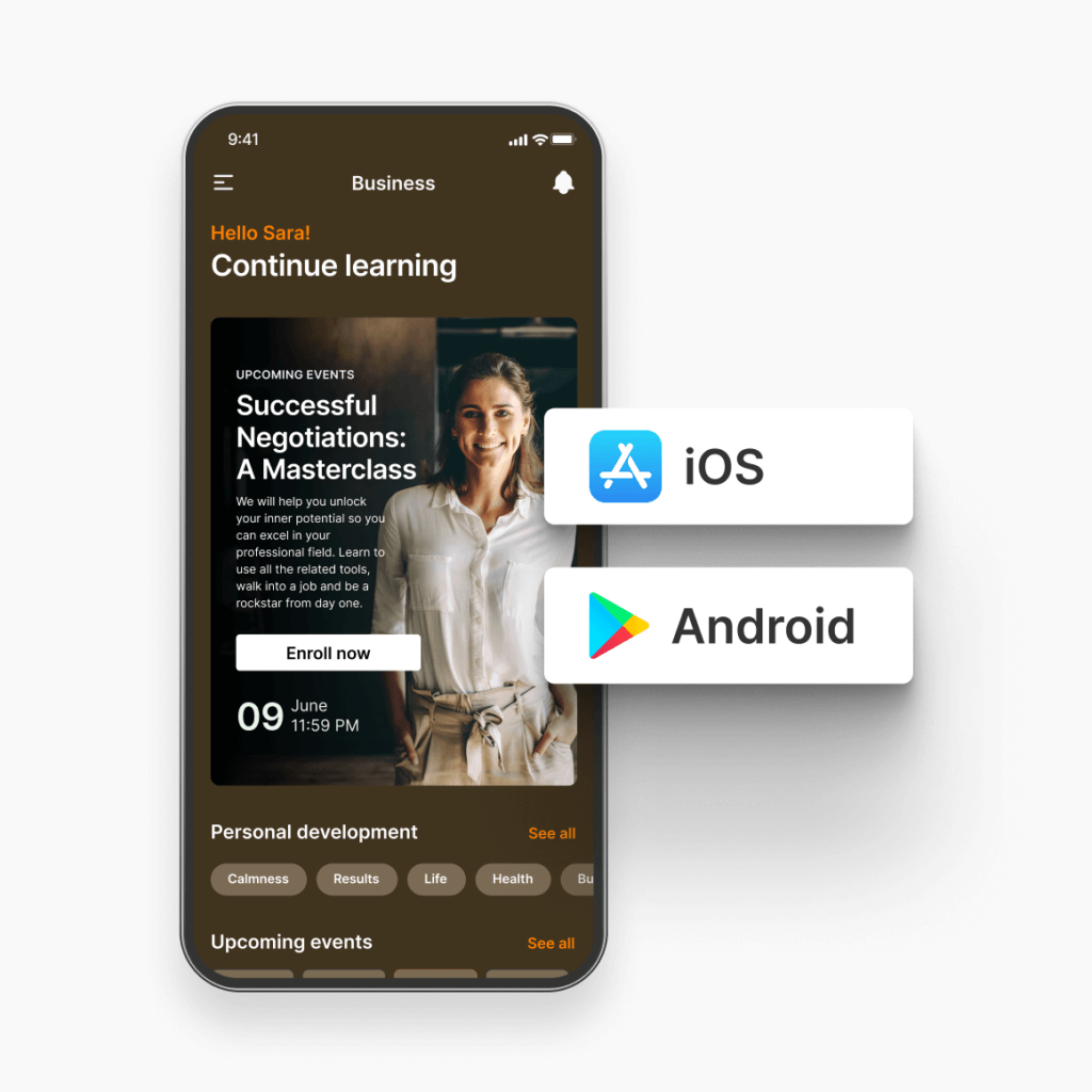 An image showing a mobile screen that features a course outline example and iOS and Android logo icons.