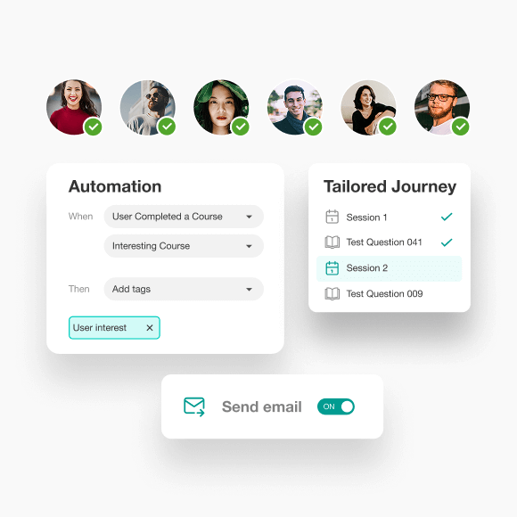 LearnWorlds analytics dashboard on laptop showing learner progress tracking, course performance metrics, and reporting tools