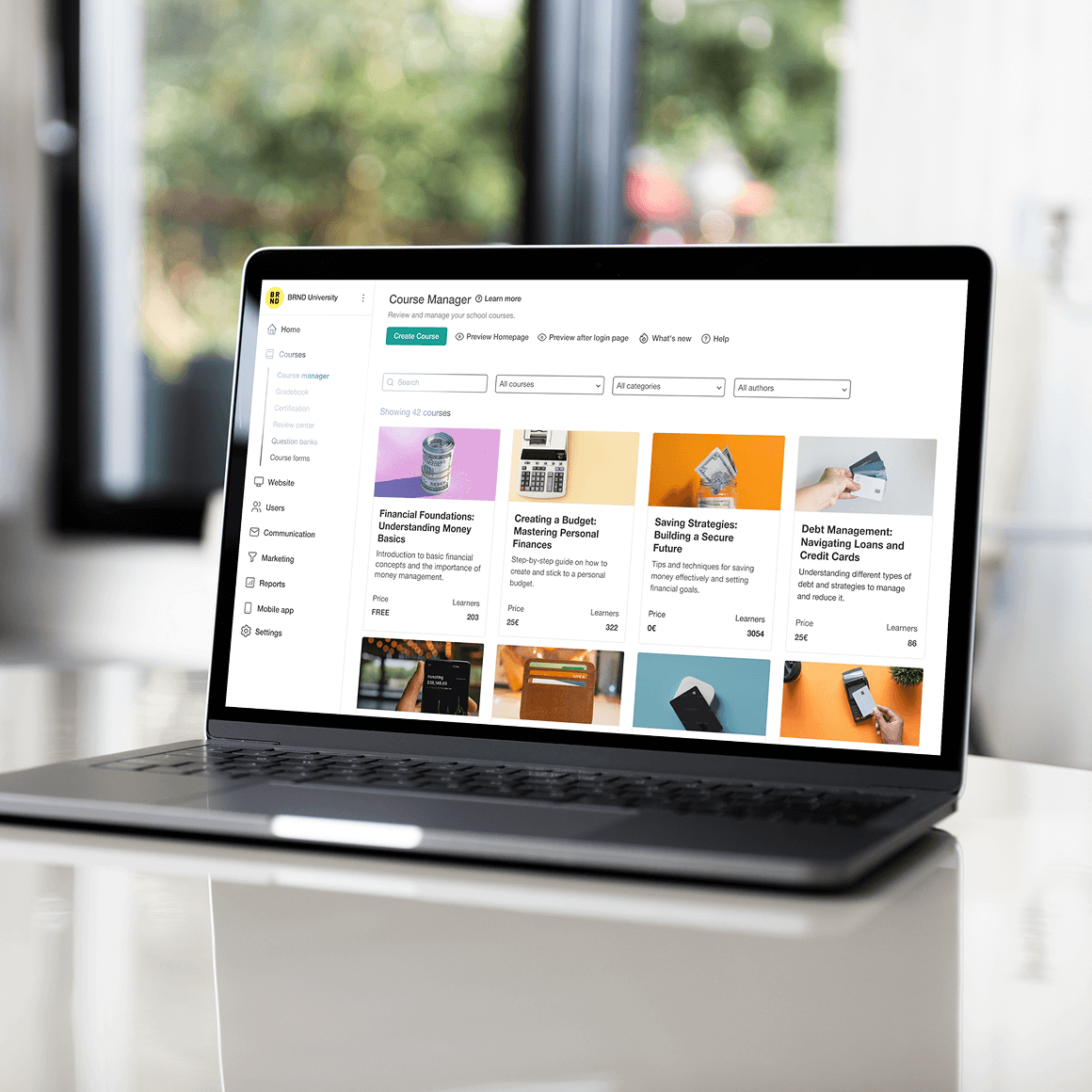 Membership website builder interface on laptop with course bundling features