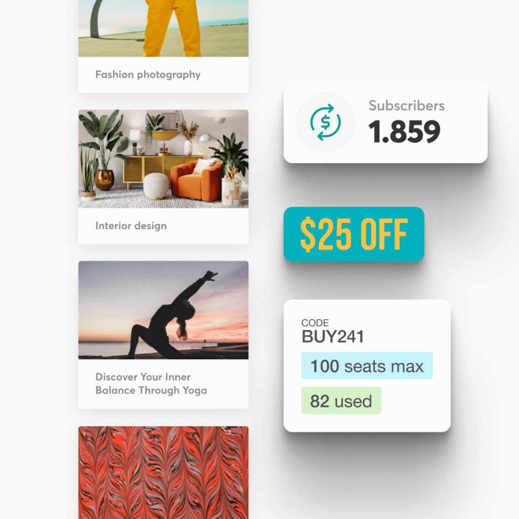 Vertical stack of course thumbnails with floating badges showing subscriber count, discount coupon, and seat limit.