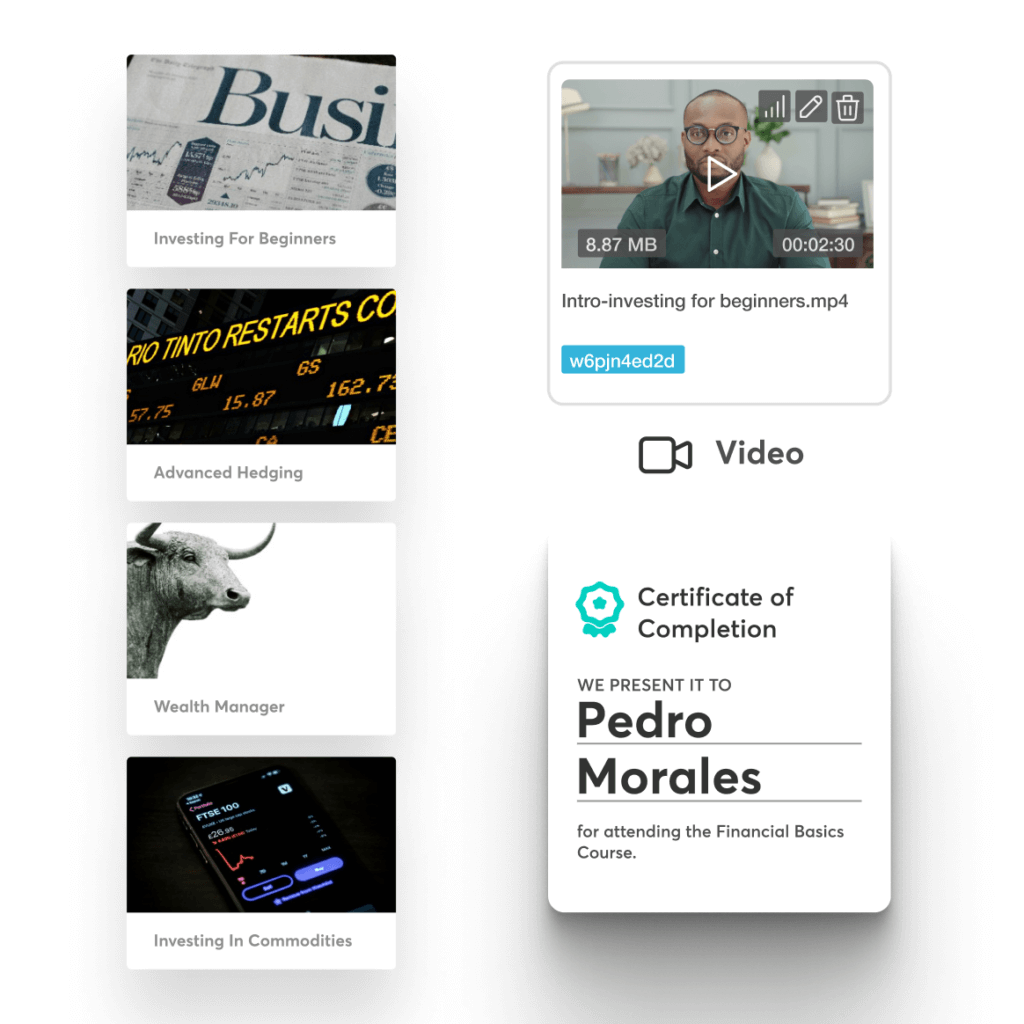 Financial literacy courses with interactivity as an example. Including an example of a mobile certificate of completion.