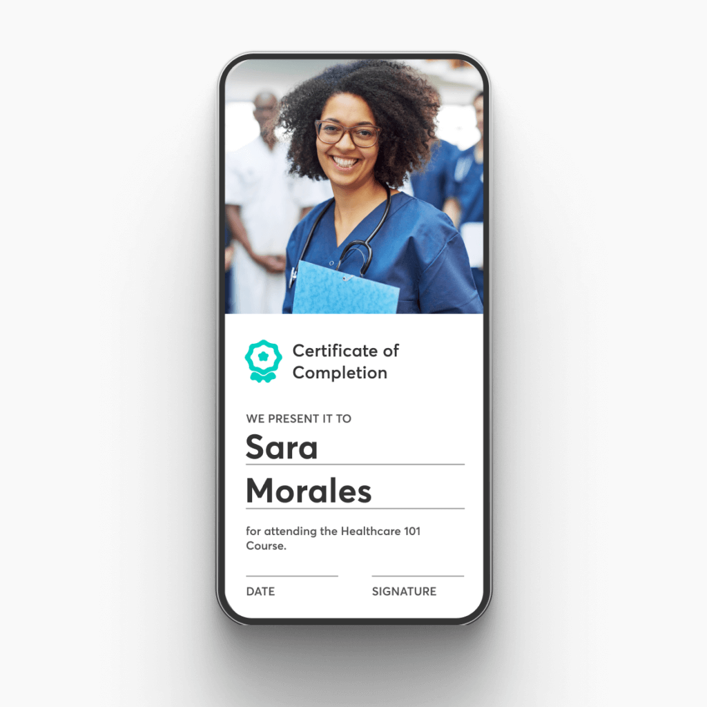 A mobile certificate of completion for a healthcare course, an interactive video card titled "Healthcare 101," and three radar charts displaying analytical data.