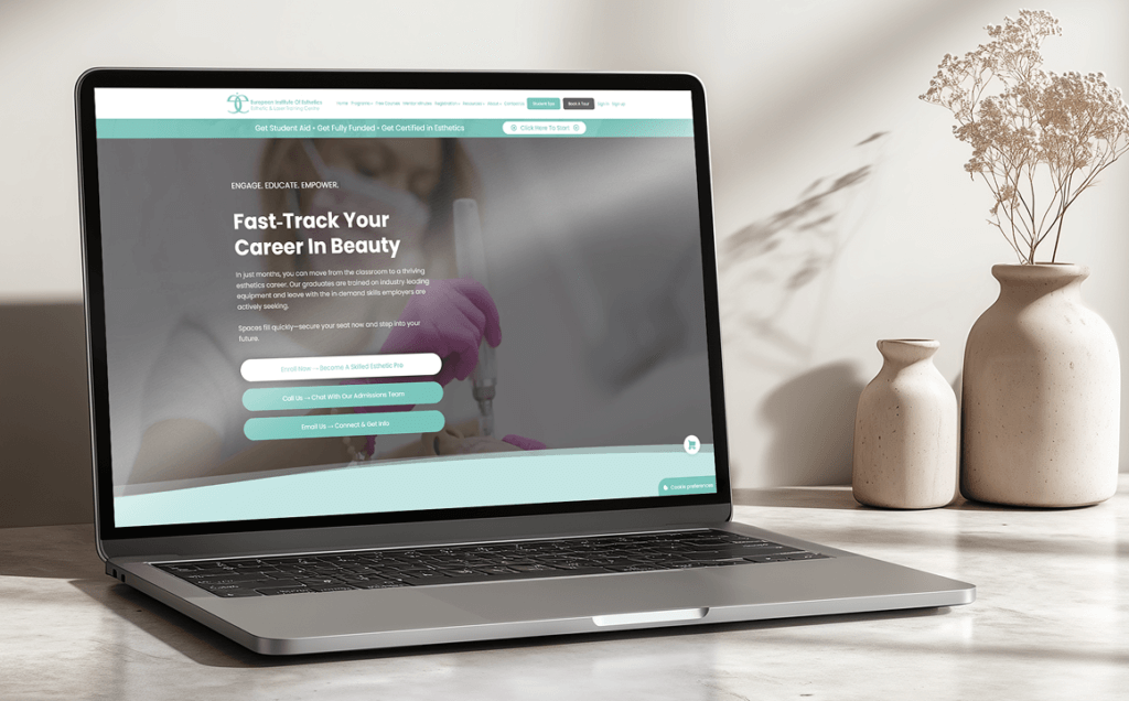 A laptop screen showing the EIE's academy website.