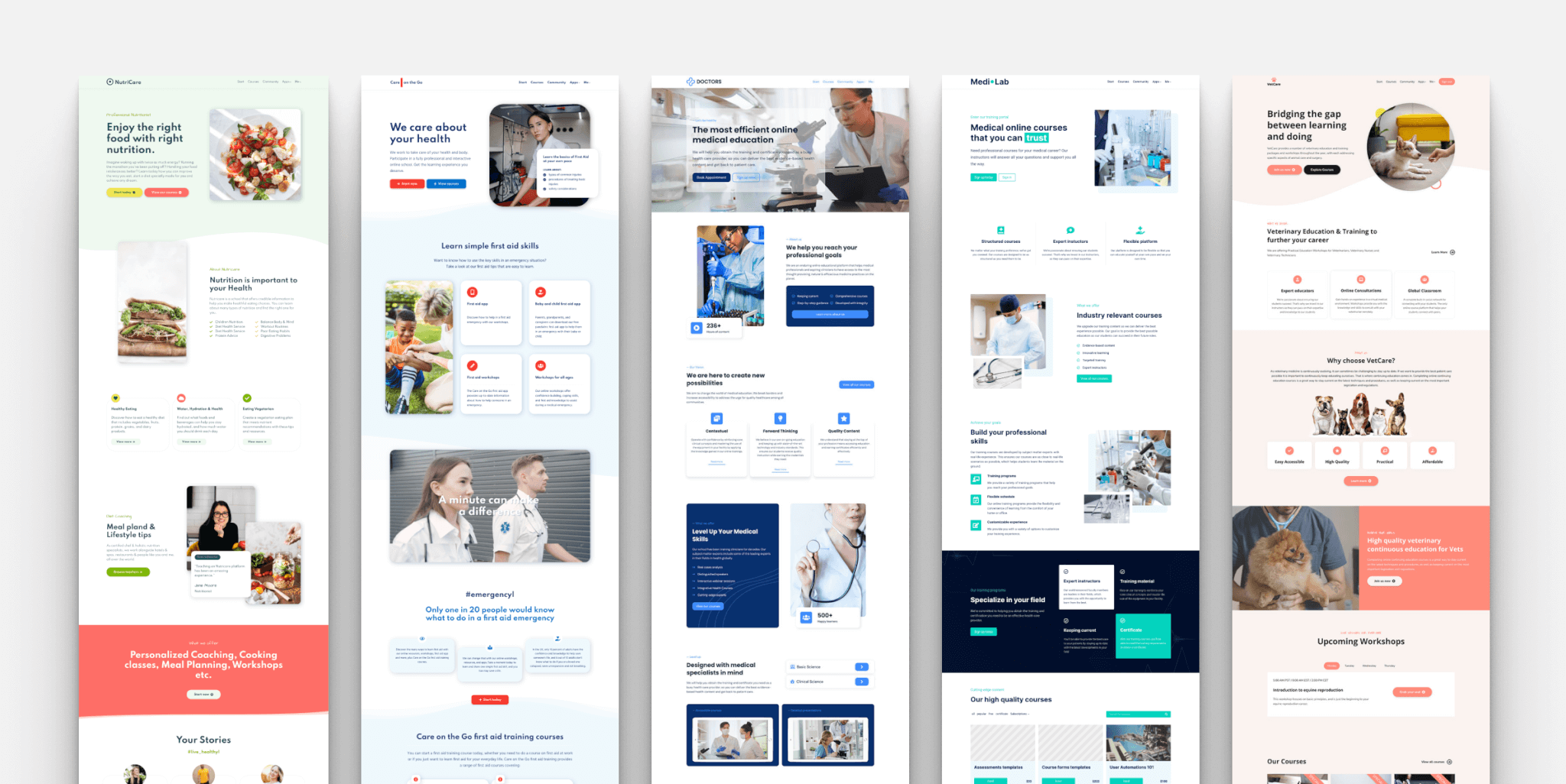 Showcasing the health website templates of LearnWorlds. Selling health education services and online courses.