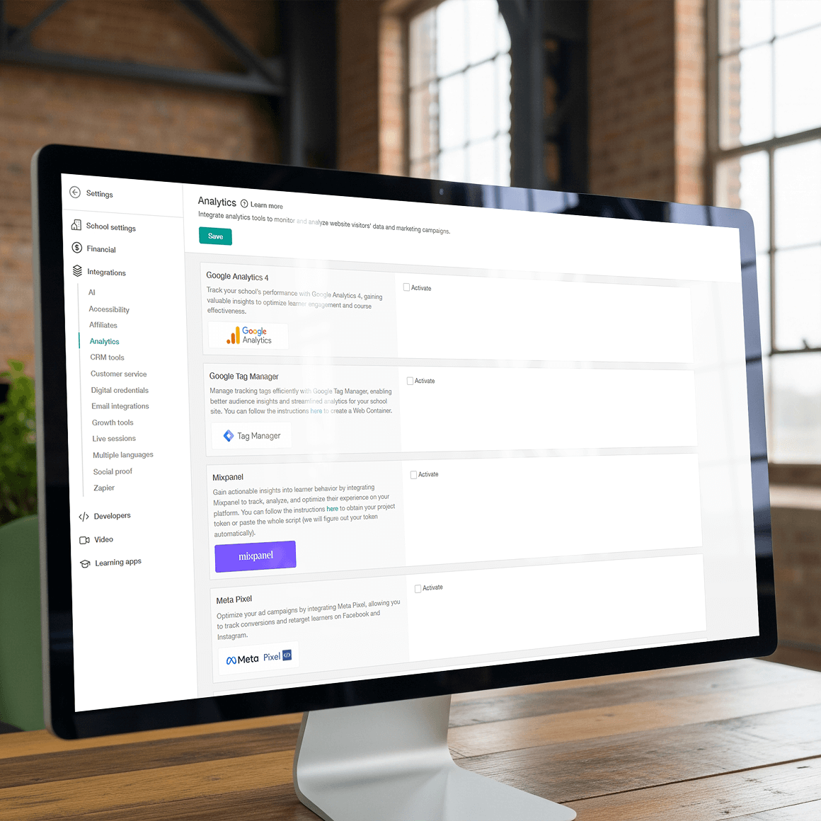 An image showing the LearnWorlds dashboard with some integration options.
