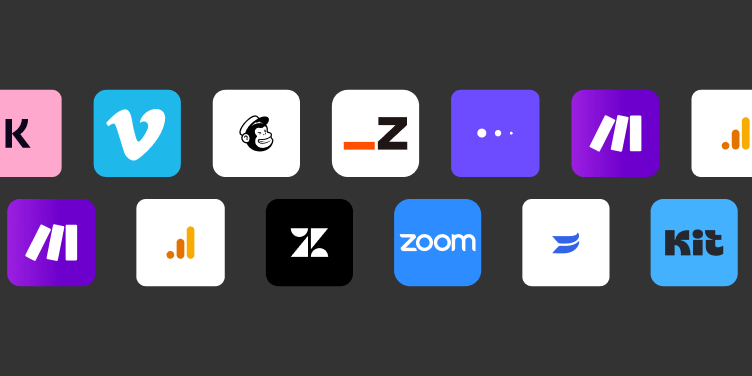 A collection of tool logos available in LearnWorlds appearing in 2 rows in front of a black background.