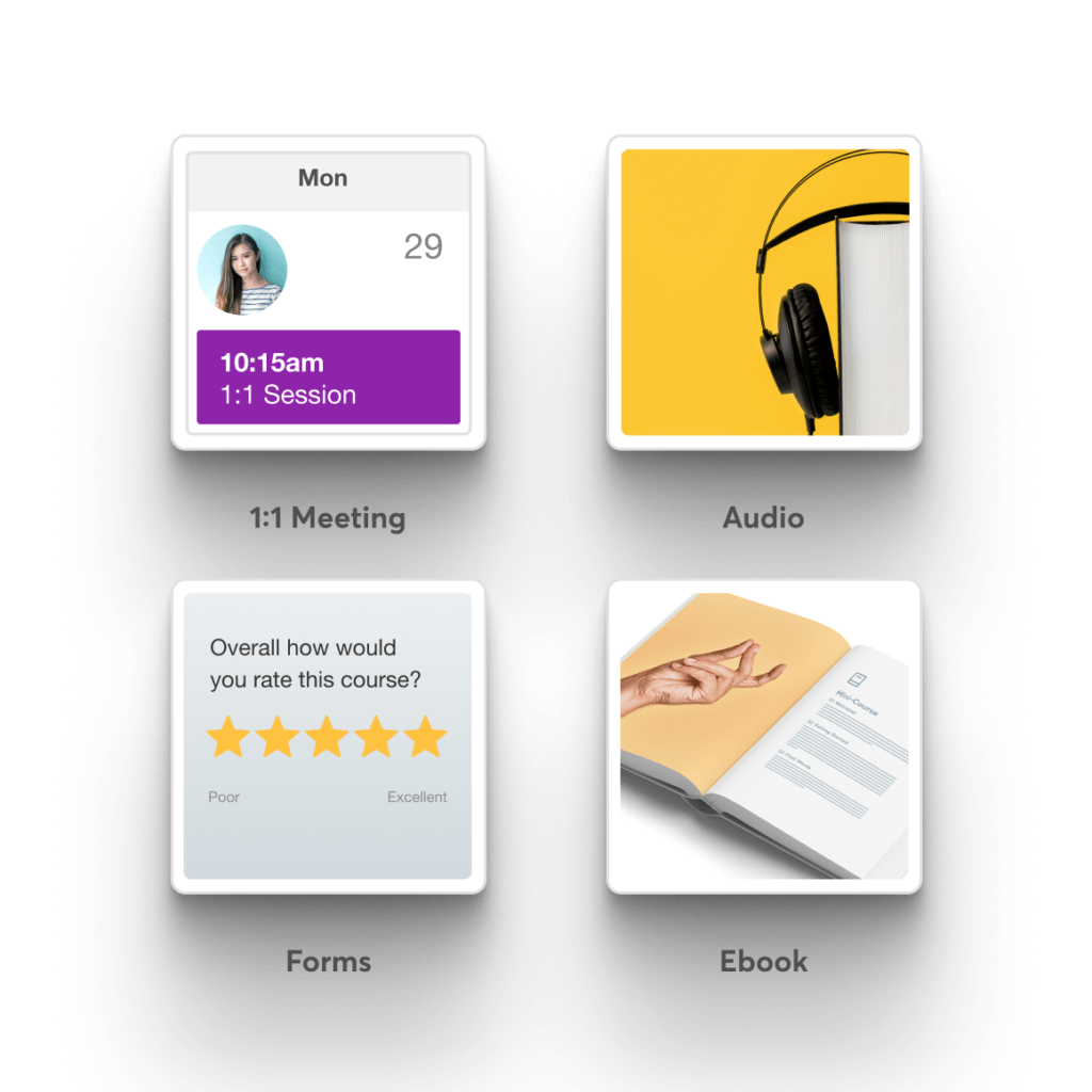 Four content type cards: 1:1 Meeting, Audio, Forms with star rating, and Ebook