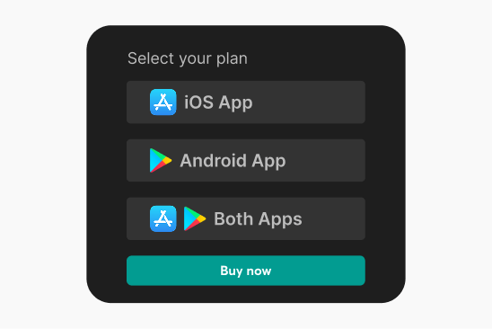 An image showing 3 options for a plan featuring iOS App and Android App logos.