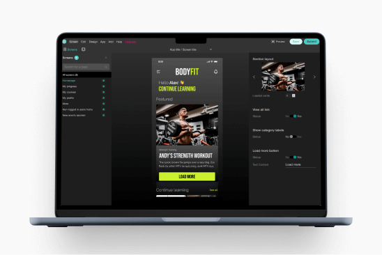 An image showing a laptop screen featuring LearnWorlds dashboard and course player.