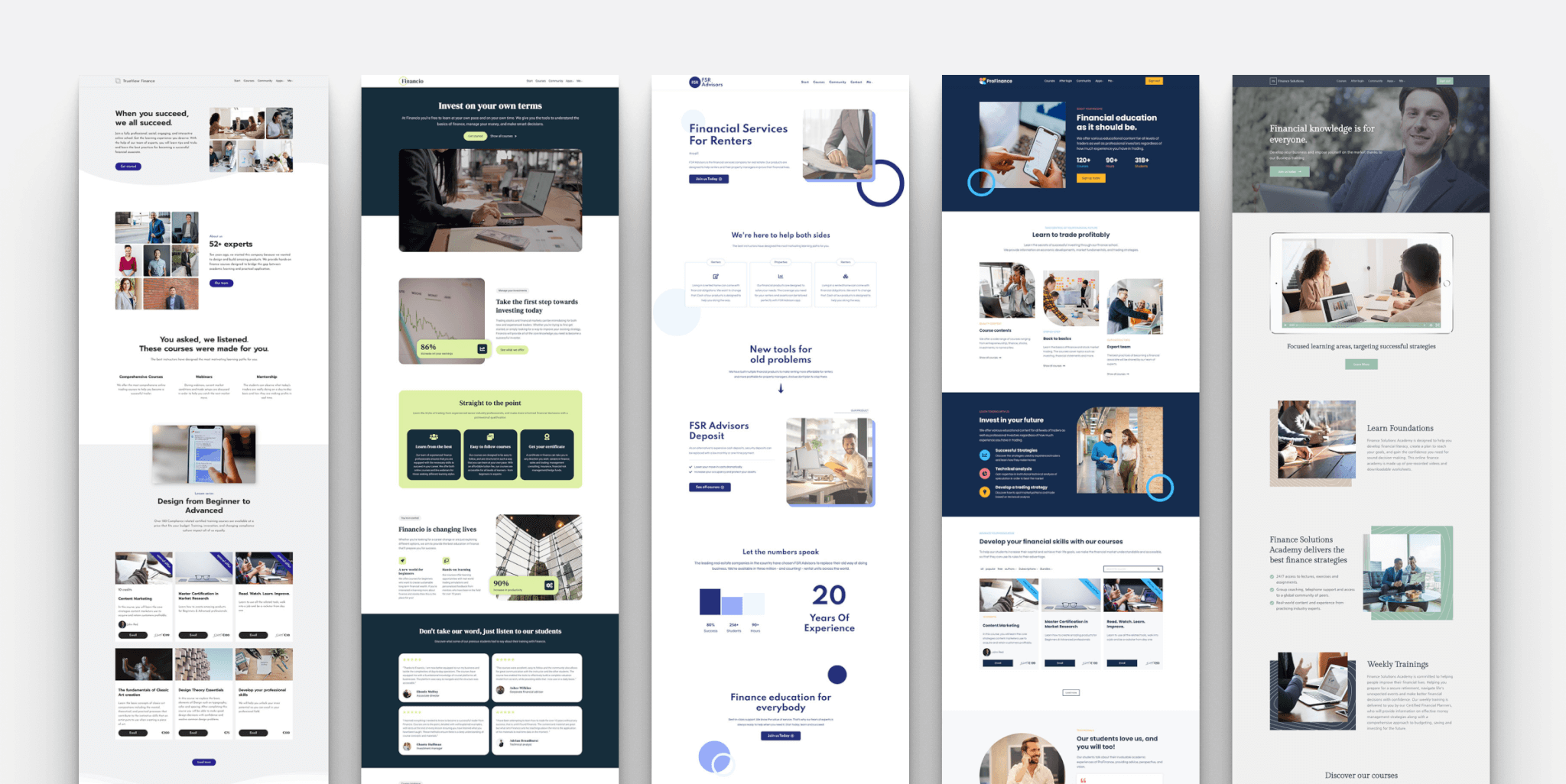 Showcasing the finance website templates of LearnWorlds. Selling financial services and online courses.