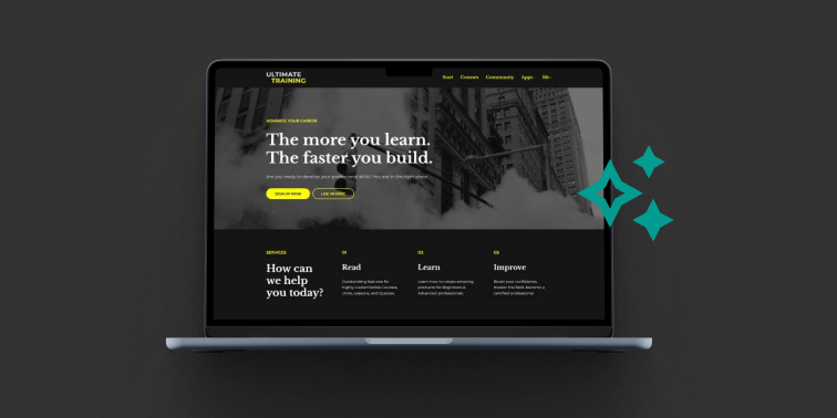 Academy website preview shown on a laptop screen.