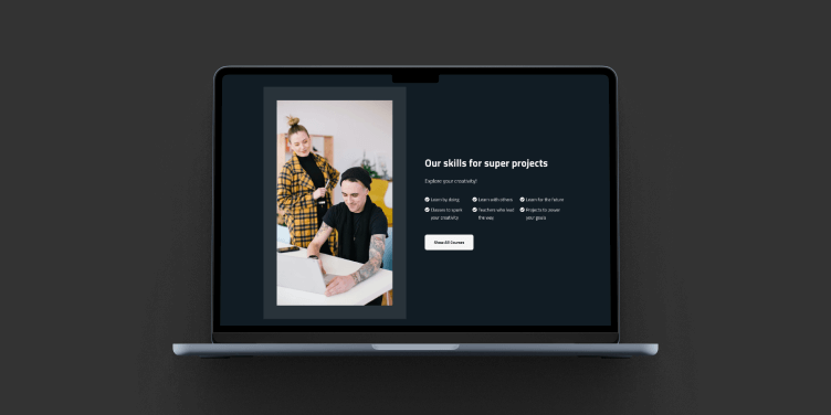 Laptop mockup showing a dark website homepage preview.