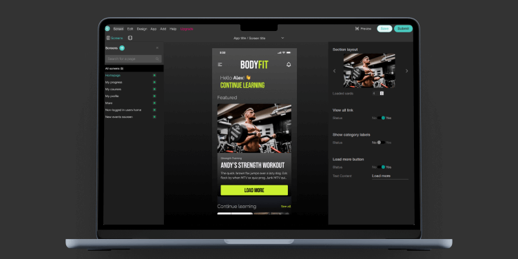 An image showing a laptop screen featuring LearnWorlds website builder.
