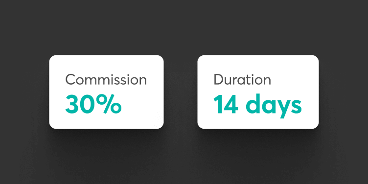 LearnWorlds affiliate settings panel for configuring commission rates, cookie duration, and payout rules