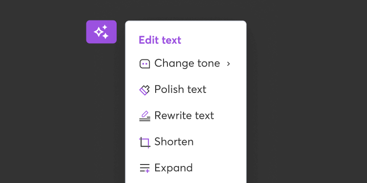 AI editing menu with options like change tone, rewrite, shorten, and expand, representing AI-assisted copy improvements.