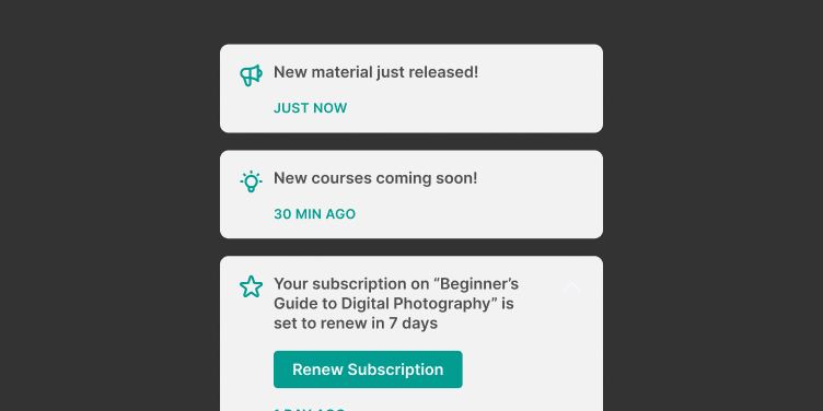An image showing 3 notification examples inside LearnWorlds platform.