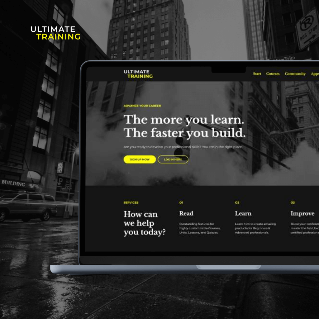 LearnWorlds site builder showing brand customization with logos, fonts, and color options