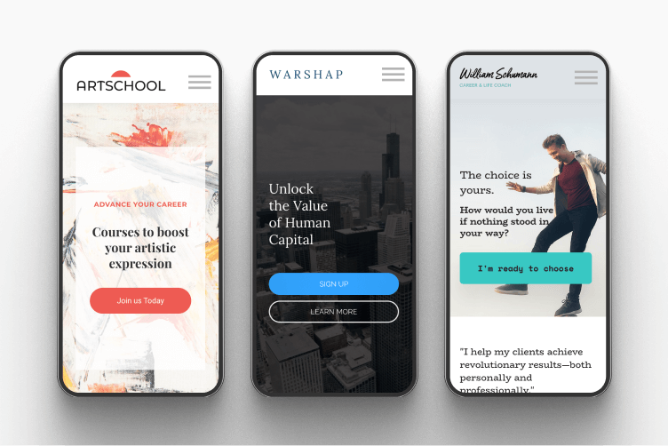 Branded mobile app screens on iOS and Android with custom name, logo, and colors