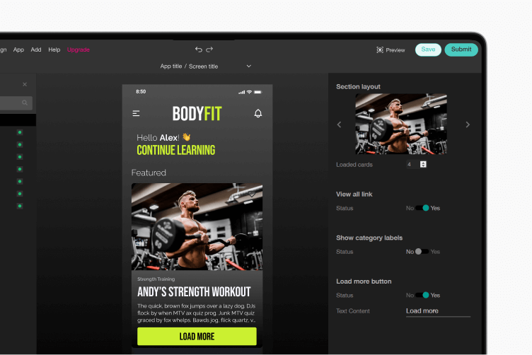 No-code app builder interface with drag-and-drop components for a branded training app