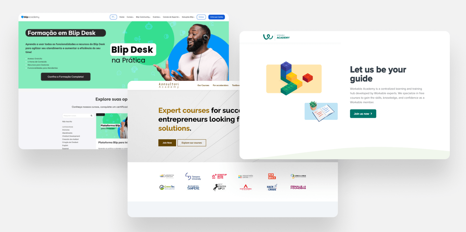 Stacked website/landing page previews and UI cards promoting marketing tools.