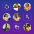 A group of images combining people in professional settings and icons in purple background