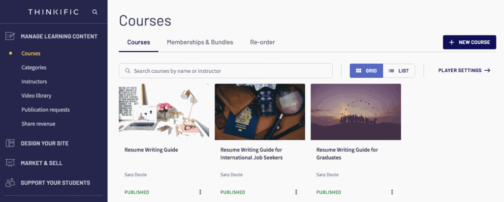 A screenshot showing the Thinkific platform.