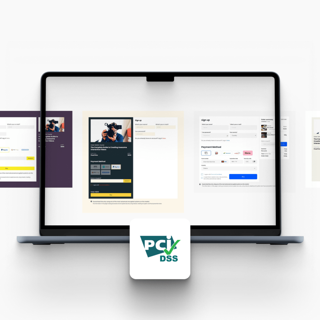 Laptop mockup showing a checkout/payment interface, with a PCI DSS badge in the foreground.