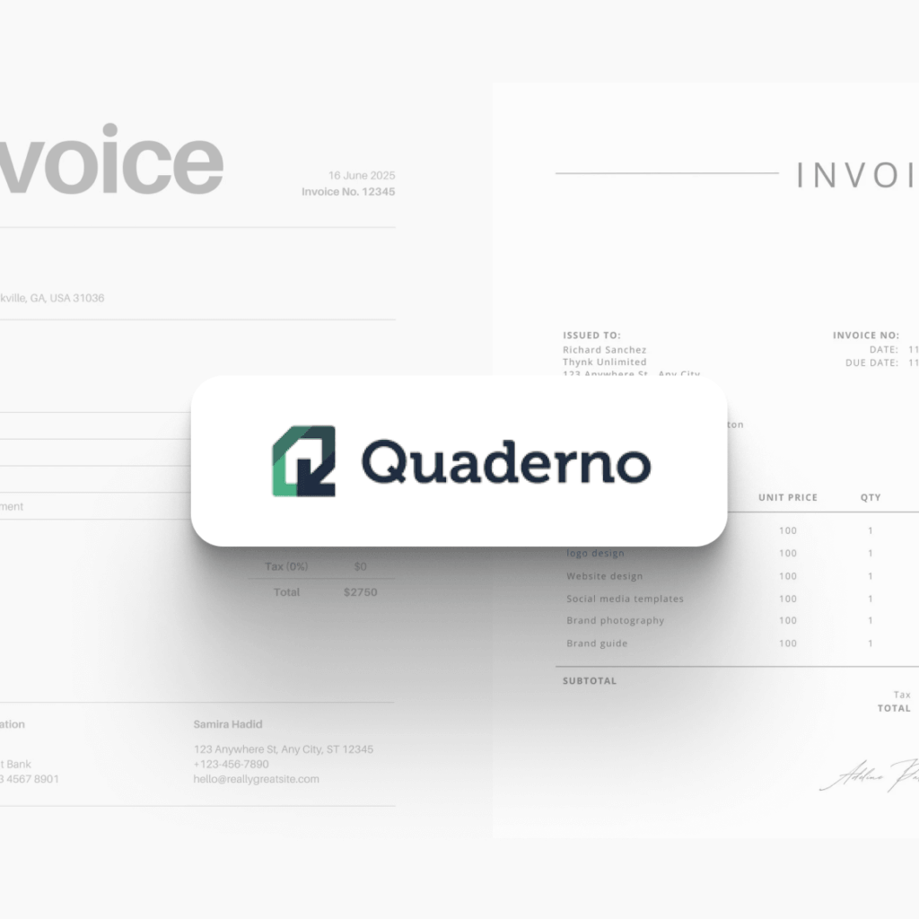 Invoice documents in the background with a Quaderno logo tile in the foreground.