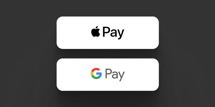 Apple Pay and Google Pay logos on dark tiles.
