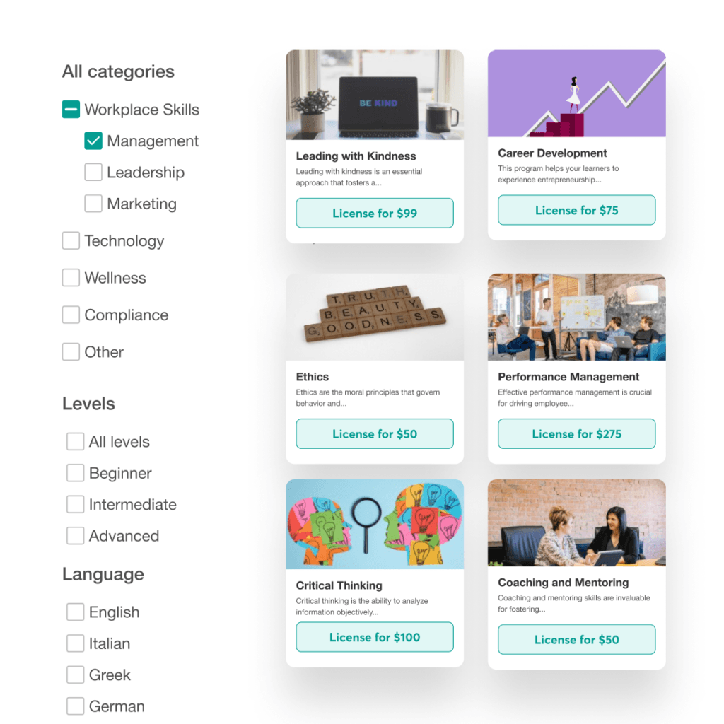 Course Hub marketplace with catalog of hundreds of courses