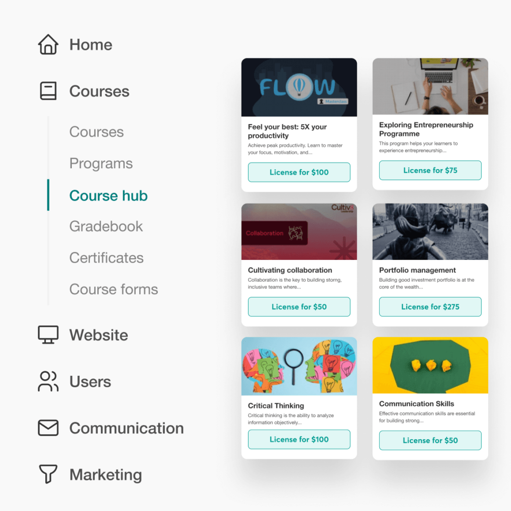 Course Hub dashboard showing course library layout with categories, filters, and course cards