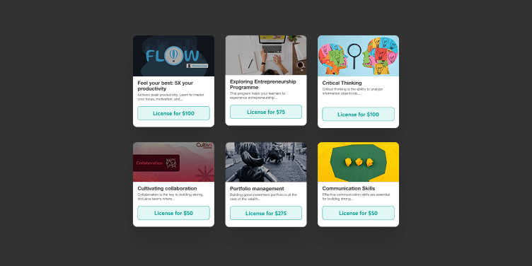 Example of a course library interface with multiple courses displayed in a grid