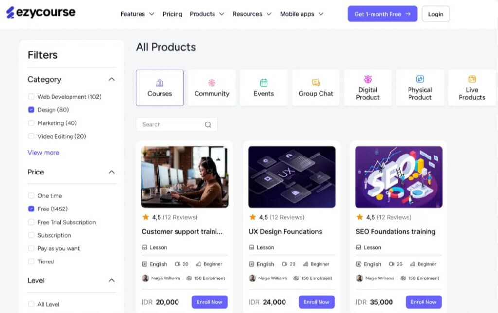 A screenshot showing Ezycourse's platform.