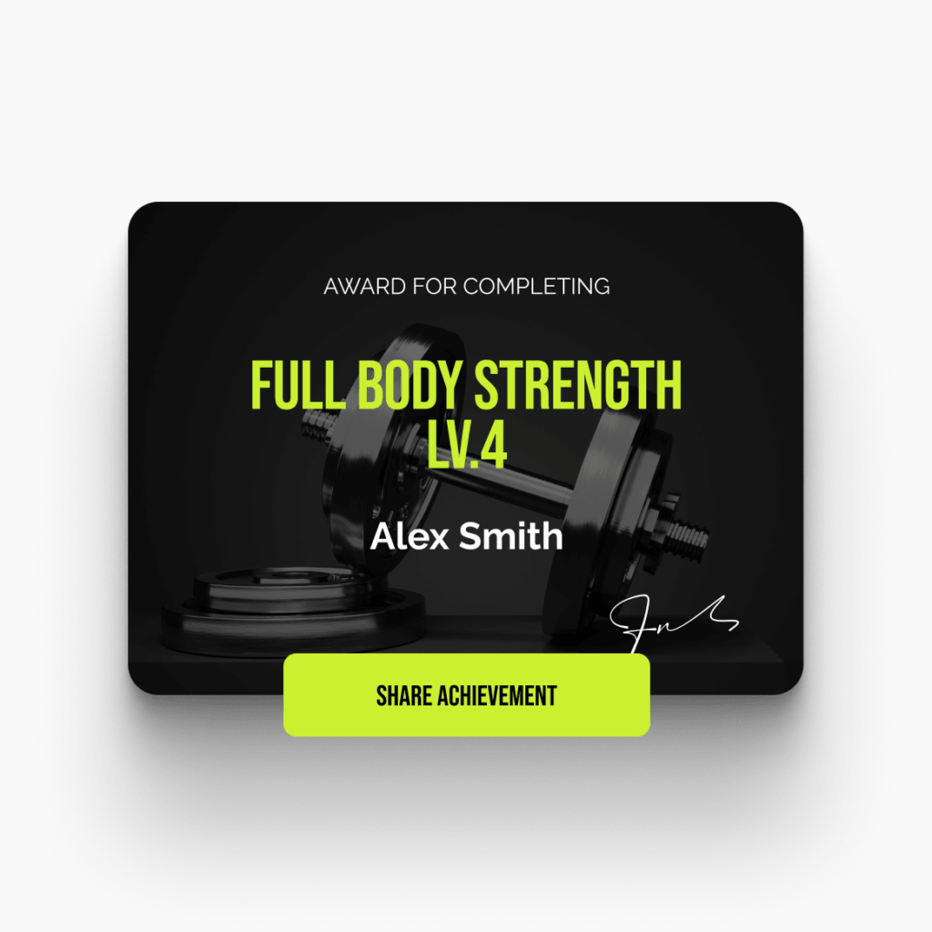 Branded certificate-style card for a fitness achievement (‘Full Body Strength LV.4’) with a share button.