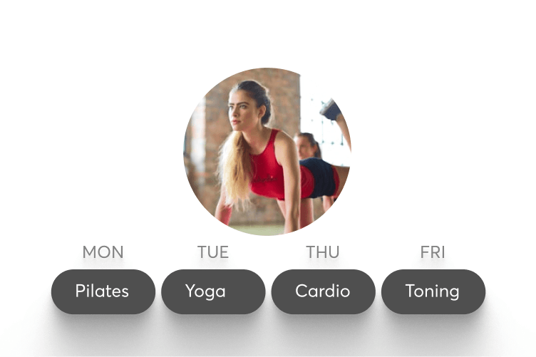 Program schedule UI with weekday labels and activity buttons like Pilates, Yoga, Cardio, and Toning.
