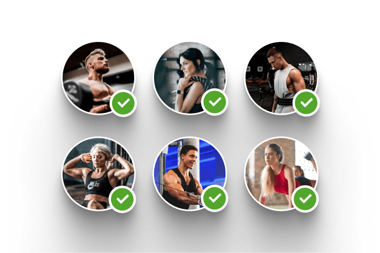 Cluster of circular member profile photos with green check marks.