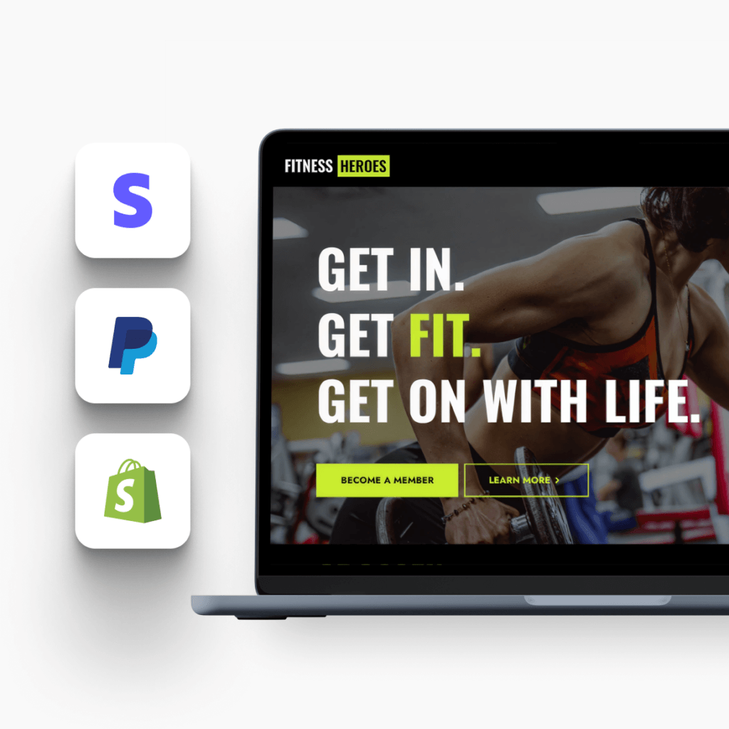 Payment platform icons stacked vertically on the left and a laptop displaying a fitness website or training page on the right.