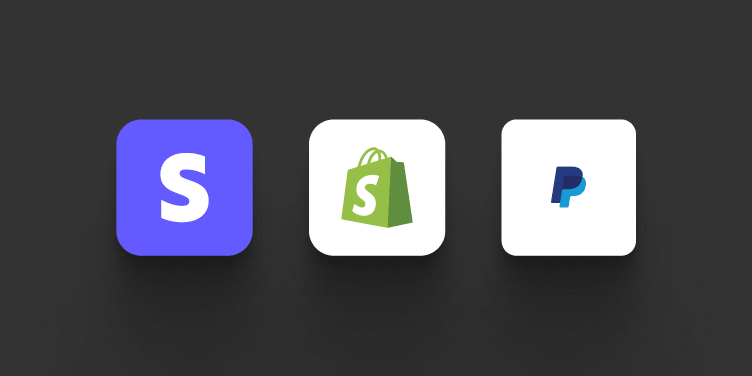 Payment platform icons (Stripe, Shopify, PayPal) on dark tiles.