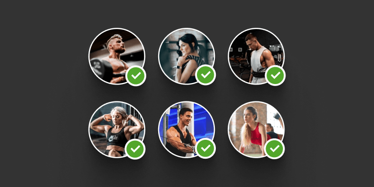 Community profile photo cluster with green check marks.