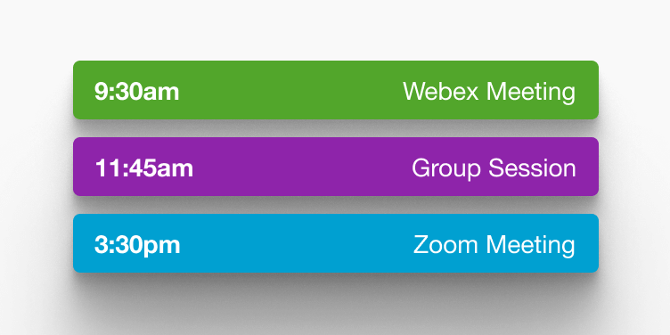 Shedule of live training sessions including Webex meetings, group sessions, and Zoom meetings.