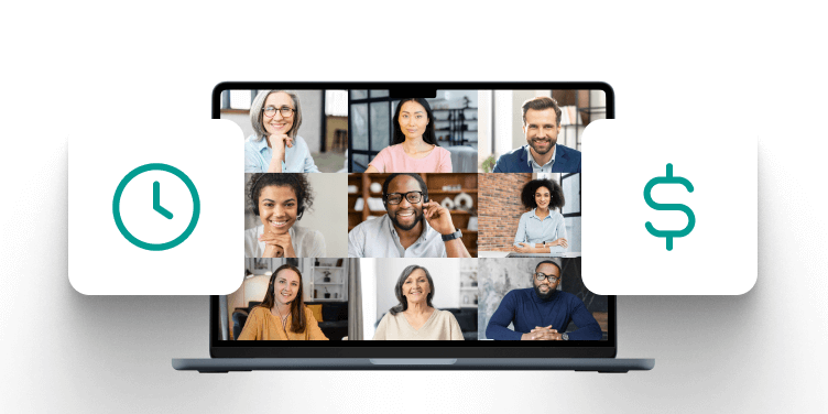 Online training session with multiple participants in a virtual classroom interface on a laptop screen between a clock and dollar button.