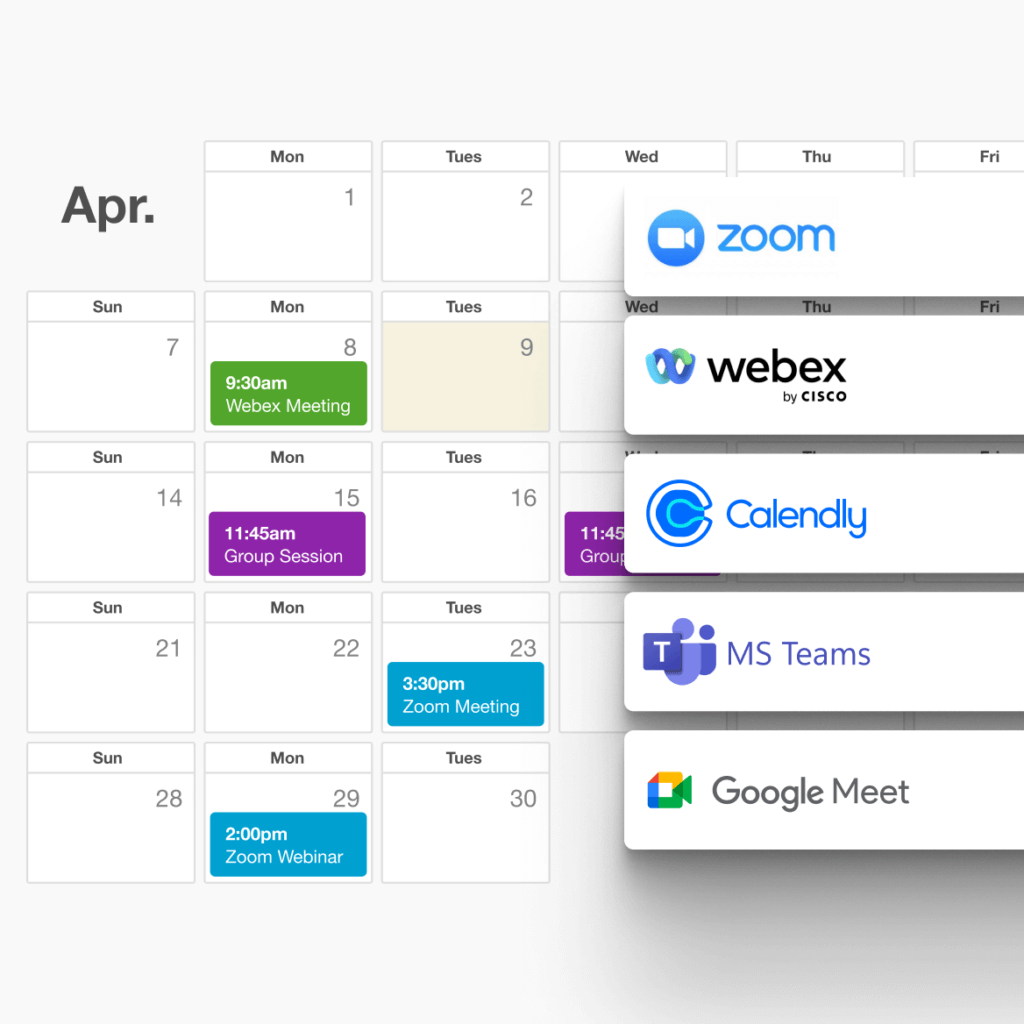 Training calendar with integrations for Zoom, Webex, Calendly, Microsoft Teams, and Google Meet.