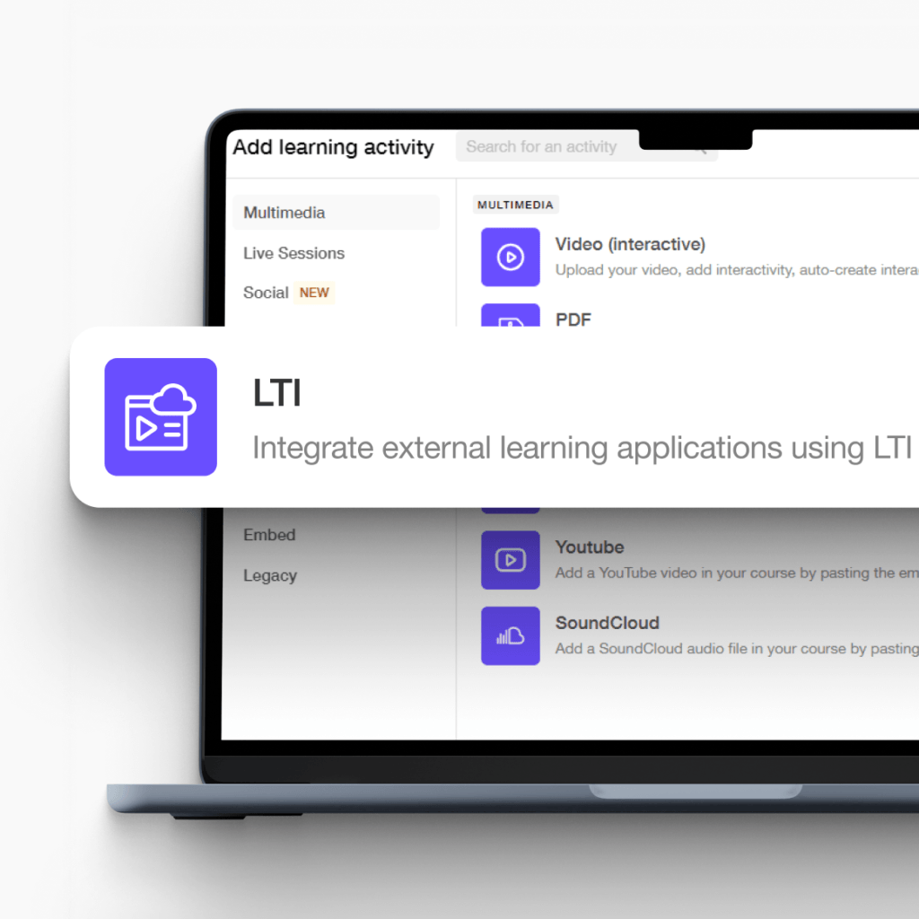 Illustration of LearnWorlds LTI integration connecting external learning tools into a unified training experience