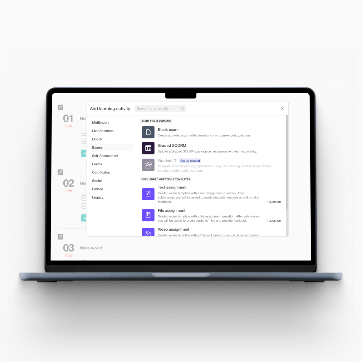 Laptop showing how to add and configure LTI tools in LearnWorlds