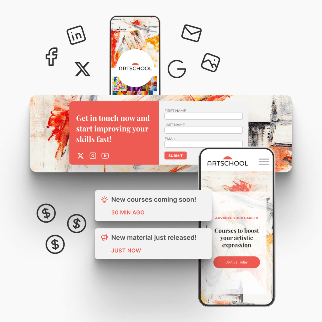 Mobile device and landing page mockups surrounded by social and ad icons, with pop-up notification cards.