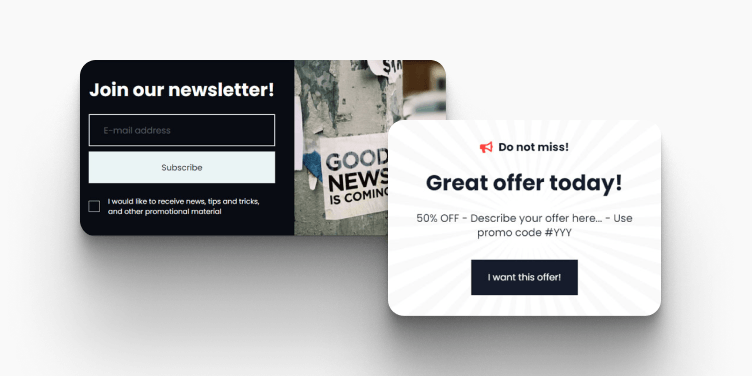 Pop-up and form mockups (newsletter/offer-style widgets).