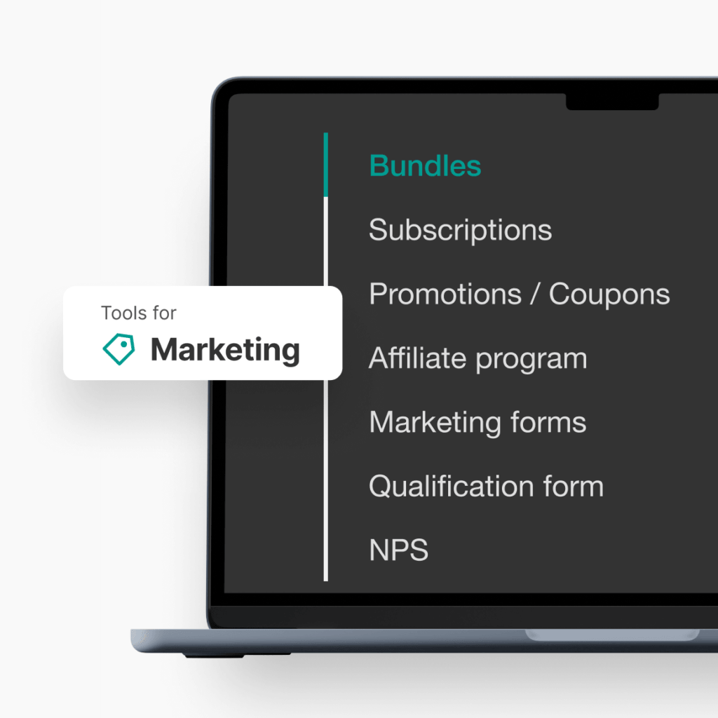 Laptop close-up with a ‘Tools for Marketing’ label and a menu list including ‘Bundles’ and ‘Subscriptions’.
